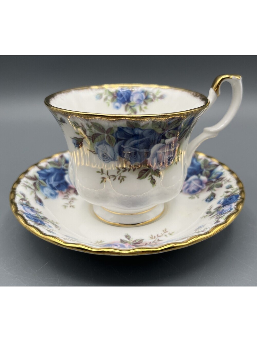Royal Albert Moonlight Rose Bone China Footed Cup & Saucer Blue Roses Gold Trim